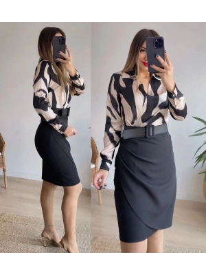 Kadın Uzun Kollu Yakalı üst Dalgıç Eteği Krep Kemerli Elbise