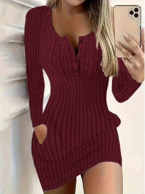 Kadın Uzun Kollu Yakası Açık Düğme Ve Cep Detaylı Kısa şardonlu Kaşkorse Elbise