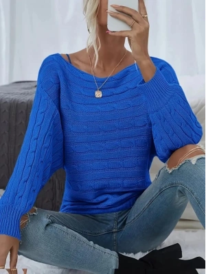Kadın Uzun Kollu Yakası Açık Saç örgü Desenli Triko Bluz
