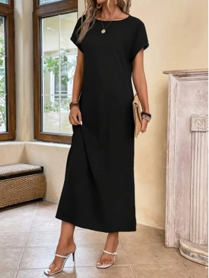 Kadın Uzun Kollu Yakası Açık Viskon Elbise