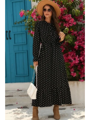 Kadın Uzun Kollu Yakası Bağcıklı Uzun Puantiyeli Krep Maxi Elbise