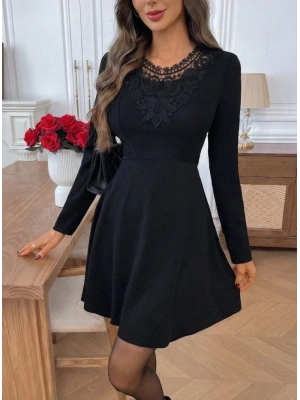 Kadın Uzun Kollu Yakası Dantelli Mini Ithal Krep Elbise