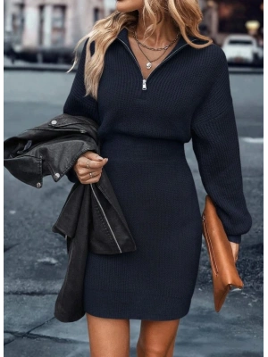 Kadın Uzun Kollu Yakası Fermuarlı Mini Triko Elbise