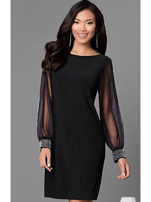 Kadın Uzun Kollu Yakası Yanlardan Hafif Açık Kollar Tül Ve Taş Detay Kısa Krep Elbise