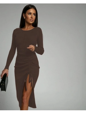 Kadın Uzun Kollu Yandan Büzgülü Yırtmaç Detay Kaşkorse Midi Boy Elbise