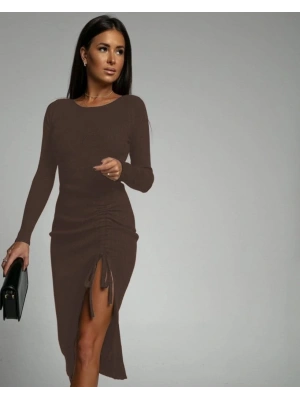 Kadın Uzun Kollu Yandan Büzgülü Yırtmaç Detay Kaşkorse Midi Boy Elbise