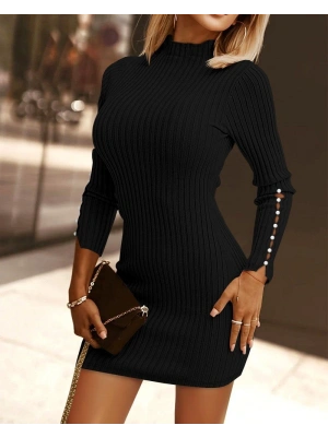 Kadın Uzun Kollu Yarı Balıkçı Yaka Kollar Düğme Detaylı Kısa şardonlu Kaşkorse Elbise