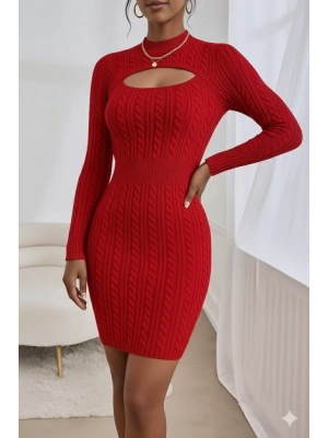 Kadın Uzun Kollu Yarı Balıkçı Yaka Pencere Göğüs Detay Mini Triko Elbise