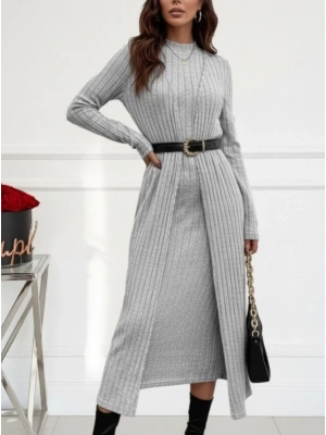 Kadın Uzun Kollu Yarı Balıkçı Yaka şardonlu Kaşkorse Elbise Ve Uzun Hırka Ikili Takım