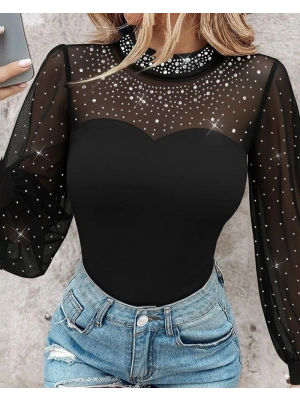 Kadın Uzun Kollu Yarı Balıkçı Yaka Taşlı Sandy Bluz