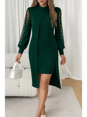 Kadın Uzun Kollu Yarı Balıkçı Yaka Tül Ve Inci Detaylı Kısa Ithal Krep Midi Elbise