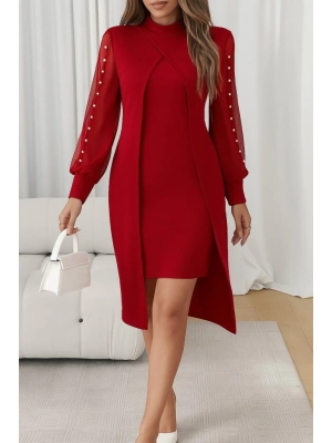 Kadın Uzun Kollu Yarı Balıkçı Yaka Tül Ve Inci Detaylı Kısa Ithal Krep Midi Elbise