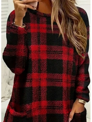 Kadın Uzun Kollu Yarı Balıkçı Yakalı Cep Detaylı Ekoseli Dokuma Tunik