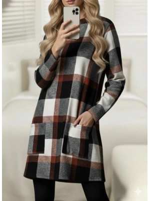 Kadın Uzun Kollu Yarı Balıkçı Yakalı Cep Detaylı Ekoseli Dokuma Tunik