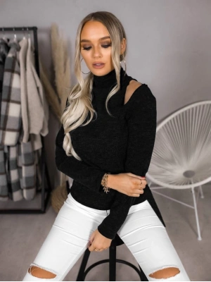 Kadın Uzun Kollu Yarım Balıkçı Yaka Omuzları Açık Bir Tarafı Yırtmaçlı Yumoş Bluz