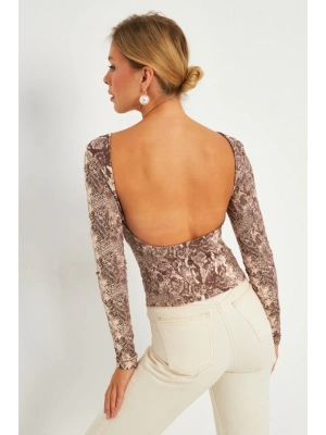 Kadın Uzun Kollu Yılan Full Sırt Dekolteli Krep Kumaş Bluz