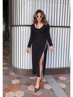 Kadın Uzun Kollu Yuvarlak Ribana Yaka Yırtmaçlı Uzun Viskon Iki Iplik Elbise