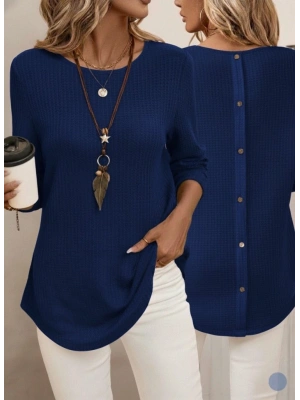 Kadın Uzun Kollu Yuvarlak Yaka Arkadan Düğmeli Waffle Bluz