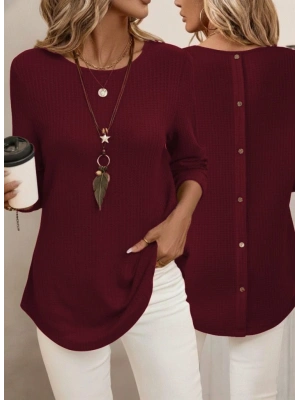 Kadın Uzun Kollu Yuvarlak Yaka Arkadan Düğmeli Waffle Bluz