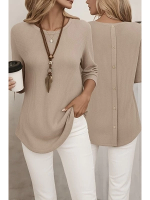 Kadın Uzun Kollu Yuvarlak Yaka Arkadan Düğmeli Waffle Bluz