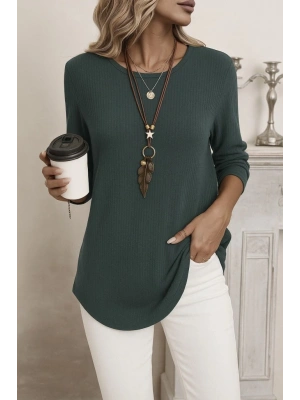 Kadın Uzun Kollu Yuvarlak Yaka Arkadan Düğmeli Waffle Bluz