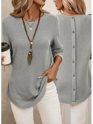Kadın Uzun Kollu Yuvarlak Yaka Arkadan Düğmeli Waffle Bluz