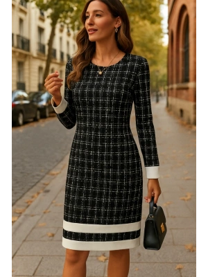 Kadın Uzun Kollu Yuvarlak Yaka Etek Ucu şerit Detaylı Kısa Dokuma Elbise