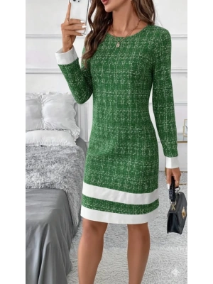Kadın Uzun Kollu Yuvarlak Yaka Etek Ucu şerit Detaylı Mini Dokuma Elbise