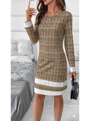 Kadın Uzun Kollu Yuvarlak Yaka Etek Ucu şerit Detaylı Mini Dokuma Elbise