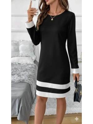 Kadın Uzun Kollu Yuvarlak Yaka Etek Ucu şerit Detaylı Mini Siyah Beyaz Dalgıç Elbise
