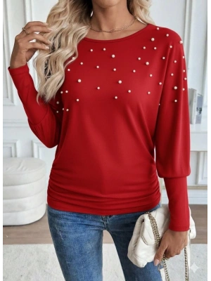 Kadın Uzun Kollu Yuvarlak Yaka Incili Viskon Bluz