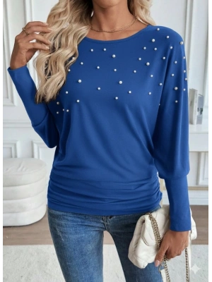 Kadın Uzun Kollu Yuvarlak Yaka Incili Viskon Bluz