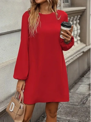 Kadın Uzun Kollu Yuvarlak Yaka Mini Ithal Krep Elbise