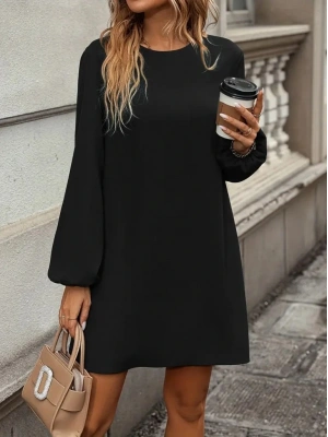 Kadın Uzun Kollu Yuvarlak Yaka Mini Ithal Krep Elbise