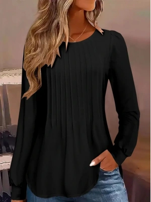 Kadın Uzun Kollu Yuvarlak Yaka Nervürlü Bluz