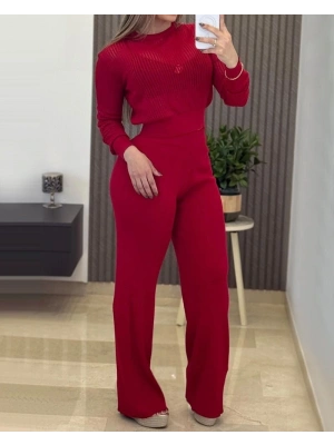 Kadın Uzun Kollu Yuvarlak Yaka Transparan Detaylı Triko Bluz Ve Pantolon Ikili Takım