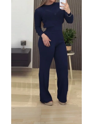 Kadın Uzun Kollu Yuvarlak Yaka Transparan Detaylı Triko Bluz Ve Pantolon Ikili Takım