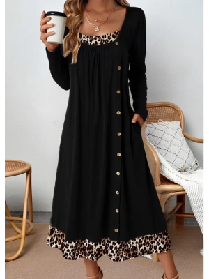 Kadın Uzun Kollu Yuvarlak Yaka Yandan Düğmeli Leopar Desenli Viskon Iki Iplik Elbise