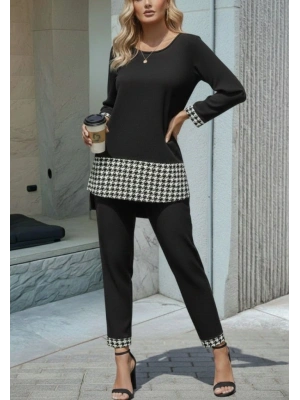 Kadın Uzun Kollu Yuvarlak Yakalı Kaz Ayağı Detaylı Viskon Iki Iplik Bluz Ve Pantolon Ikili Takım