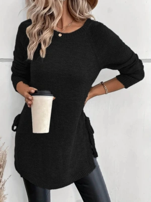 Kadın Uzun Kollu Yuvarlak Yakalı Yanlardan Bağcıklı Triko Bluz
