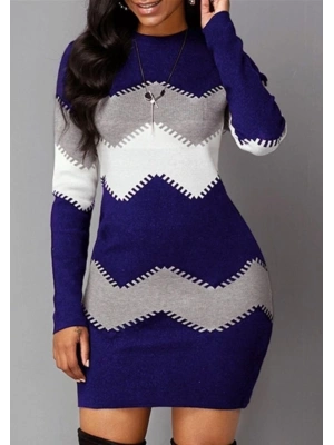 Kadın Uzun Kollu Zigzag Desen Triko Elbise