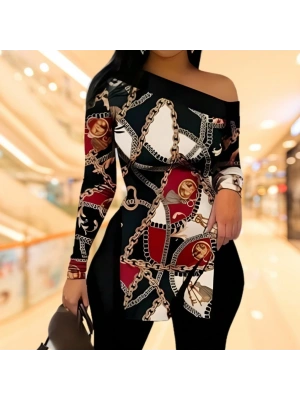 Kadın Uzun Kollu Zincir Desen Tek Omuz Düşük Mikro Bluz