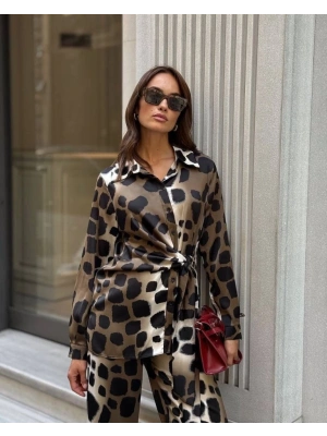 Kadın Uzun Kolluleopar Baskılı Saten Kumaş Ikili Takım