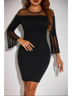 Kadın Uzun şeffaf şerit Kollu Madonna Yaka Vücudu Saran Dalgıç Kısa Elbise