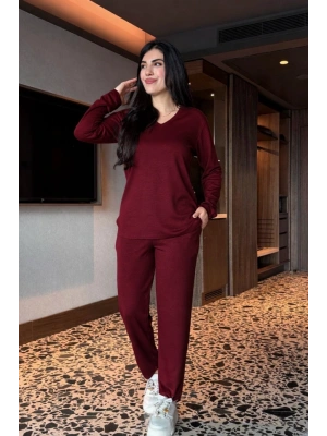 Kadın V Yaka Bluz Ve Pantolon Ikili Takım