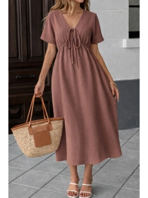 Kadın V Yaka Büzgülü Ip Detay Aerobin Kumaş Elbise