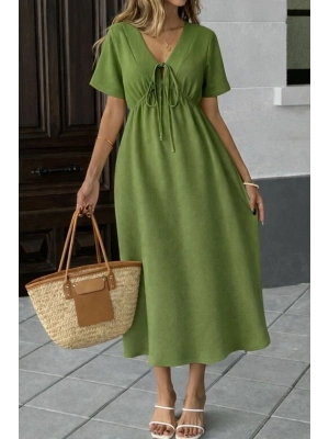 Kadın V Yaka Büzgülü Ip Detay Aerobin Kumaş Elbise