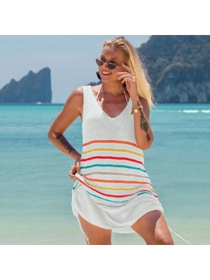 Kadın V Yaka çizgi Desenli Yanlar Asansör Büzgülü Triko Pareo