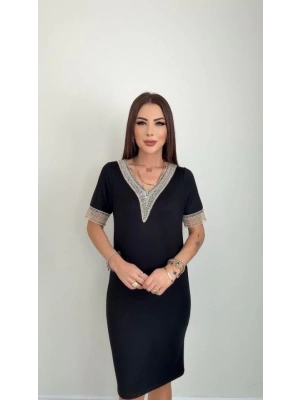 Kadın V Yaka Güpürlü İki İplik Elbise