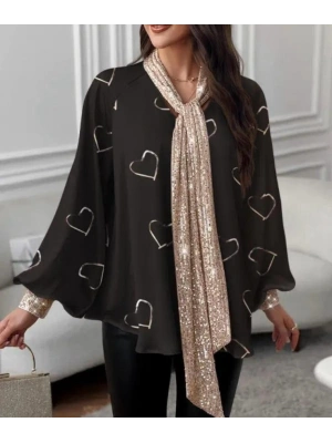 Kadın V Yaka Kalp Baskılı Fular Dahil Fırsat ürün alaş Bluz